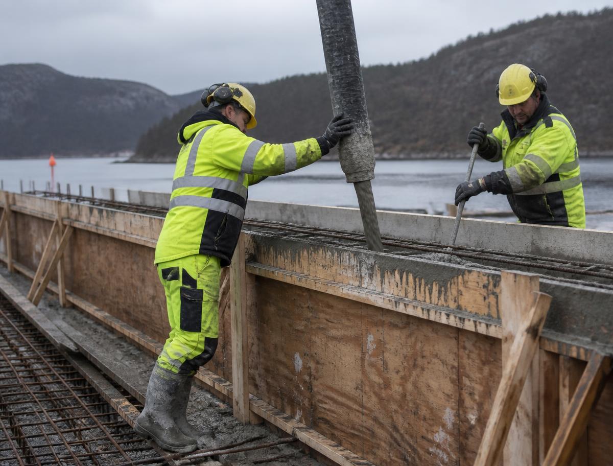 To arbeidarar som fyller betong i forskaling frå ein pumpeslange