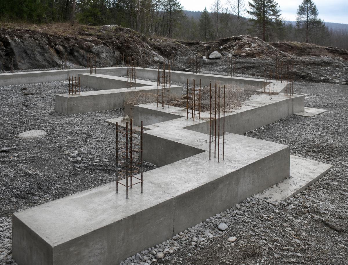 Støypte betongfundament med armeringsjern som stikk opp