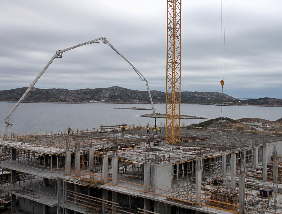 Større byggeprosjekt med betongpumpe og kran ved sjøen